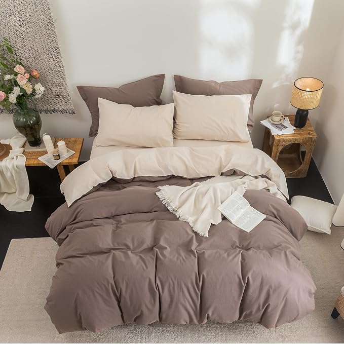 BDEAR Reversible Duvet Cover Set Twin Size 90" L x 68W, Brown and Beige | 100% Washed Cotton, 1 Duvet Cover with 1 Pillowcase, Zipper Closure, OEKO TEX Standard,8 Corner Ties,Linen-Liked Texture