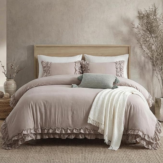 Bedorm Taupe Duvet Cover Set King Ruffle Bedding Set Pleat Ruffled Shabby Chic Comforter Cover Extra Soft & Easy Care Boho Duvet Cover with Zipper Closure