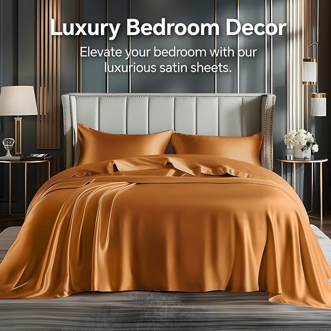 BEDELITE Satin Sheets Queen Size Bed Set, Burnt Orange, 4 Pieces | Luxury Silky Bed Sheets, 15 Inch Deep Pocket, Similar to Silk, Soft and Cooling, Reduces Friction, Gentle on Hair and Skin