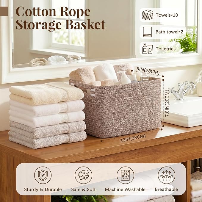 OIASKET 4Packs Natural Cotton Rope Storage Baskets for Organizing Toys, Clothes, Towels & Books, Soft Versatile Organizers for Shelves, Home Decorative Bins, 13''Lx9''Wx7.8''H, Linen Brown