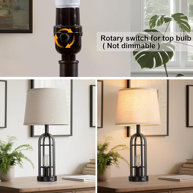 SRJJA 24" Table Lamps for Living Room Set of 2, Farmhouse Industrial 3-Way Dimmable Touch Bedside Lamps with USB A+C for Bedroom Nightstand，4 Bulbs Included