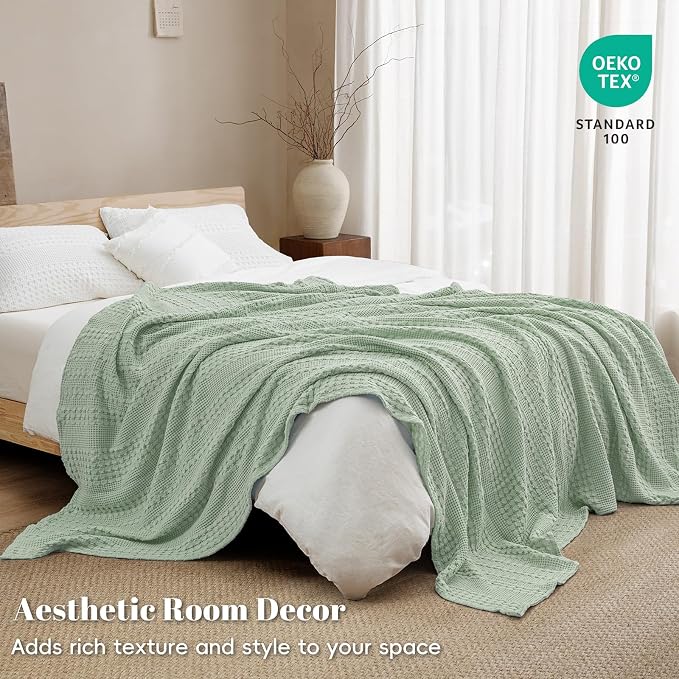 PHF Lightweight 100% Cotton Waffle Blanket for Bed, Twin XL, Mint Green | Pre-Washed Soft Cotton Comfort, Breathable Layering Warmth for Fall & Winter, Couch & Guest Room, Couch, Home Decor & Gifts