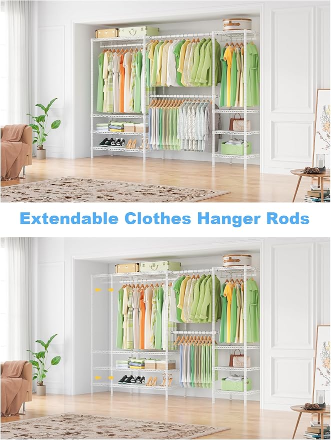 Ulif E11 Heavy-Duty Garment Rack, Metal Clothes Rack, Load 1034lbs, White | Freestanding Expandable Closet Storage Organizer System with 8 Shelves and 4 Hanger Rods, (73.2-97.6)"W x 14.5"D x 71.2"H