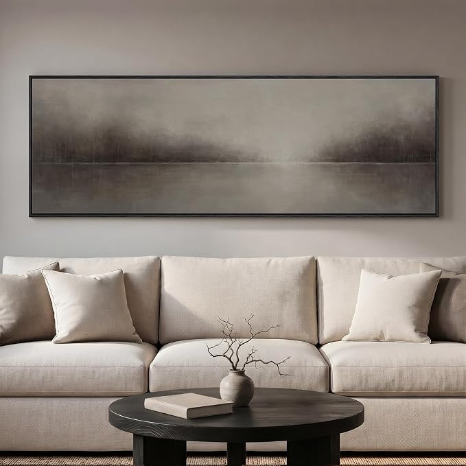 Large Framed Moody Abstract Landscape Wall Art for Living Room, 60x20 In | Rustic lake picture, Canvas prints, Horizontal long artwork, Neutral painting, Wood frame, Wall decor for bedroom dining room