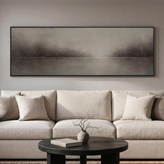 Large Framed Moody Abstract Landscape Wall Art for Living Room, 60x20 In | Rustic lake picture, Canvas prints, Horizontal long artwork, Neutral painting, Wood frame, Wall decor for bedroom dining room