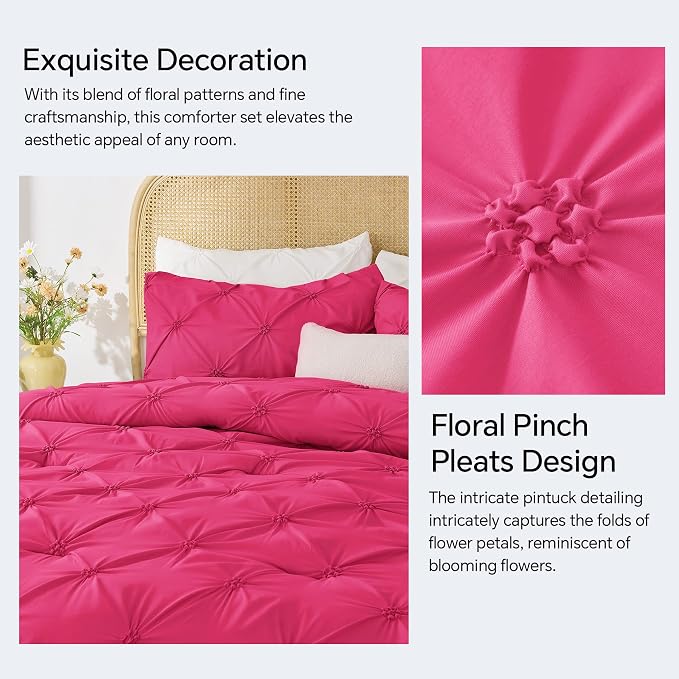 BEDELITE King Comforter Set Hot Pink,Lightweight & Soft Comforter | Pintuck Boho Bedding, Warm & Cute Bed Set for All Season,With 2 Pillowcases
