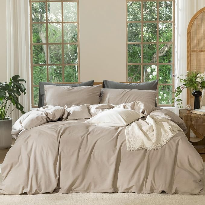 MooMee Duvet Cover Set 100% Washed Cotton Linen Like Super King | Relaxed Linen-like Texture. Soft, Breathable & Long-lasting Comfort. Lightweight. Hidden Zipper with 8 Interior Corner Ties
