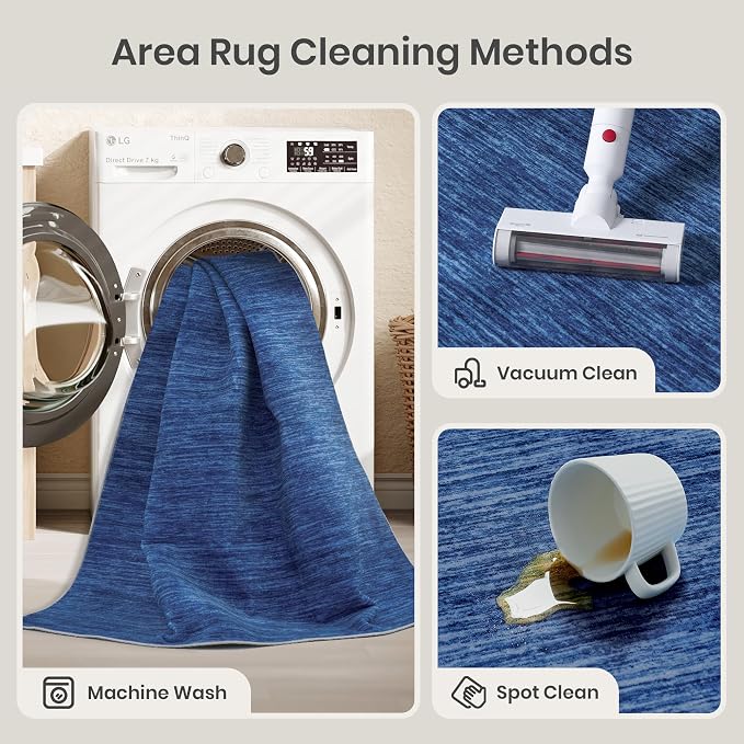 8x10 Area Rugs for Living Room, Large Washable Rug Non Slip Navy | Soft Low Pile, Thin & Lighweight Carpet, Folable Stain Resistant Modern Indoor Floor Mat for Bedroom, Dining Room, Home Decor