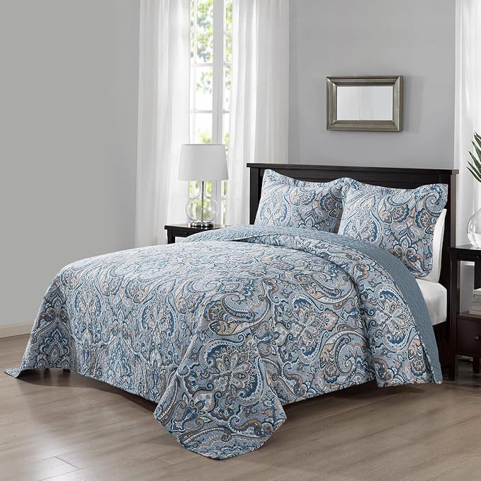 Cotton Bedspread Quilt Sets-Reversible Patchwork Coverlet Set, European Grey Floral Pattern, Queen Size
