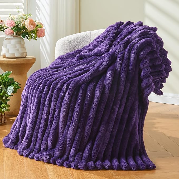 NEWCOSPLAY Fleece Ribbed Cozy Twin Blanket for Couch, Purple, 60"x80" | Premium Silky Flannel Blanket, Soft Lightweight Fluffy Throw Blanket for Bed Sofa Decor, Gift for All Season Use