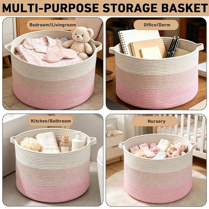 90L Extra Large Blanket Basket,Woven Rope Laundry Basket-Mixed Pink | Collapsible, reinforced handles, nursery storage bin organizes clothes, toys and pillows for living room, bedroom bathroom