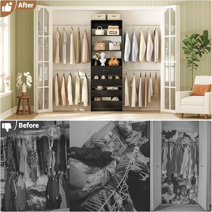 Aheaplus Closet System, 4-9Ft Closet Organizer with 4 Wooden Drawers, Black | Wood Closet Organizer System with Tower, Walk-in Closet Organizer Wardrobe Clothes Rack with 4 Hanging Rods, Garment Rack