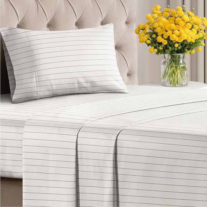 Twin 3 Piece Striped Sheet Set - Soft, Breathable & Cooling - Cream Stripe | 1 Flat, 1 Fitted & 1 Pillowcase w/ Deep Pockets, Luxury Striped Bedding, Soft, Breathable & Cooling, Wrinkle & Fade Free