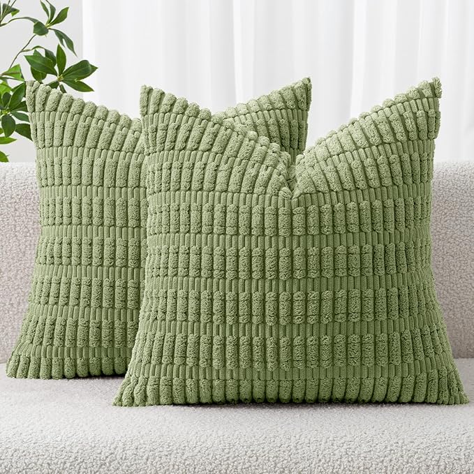 MIULEE Corduroy Decorative Throw Pillow Covers 20x20 Sage Green Pack of 2 | Soft Boho Striped Pillow Covers Modern Farmhouse Home Decor For Sofa Living Room Couch Bed