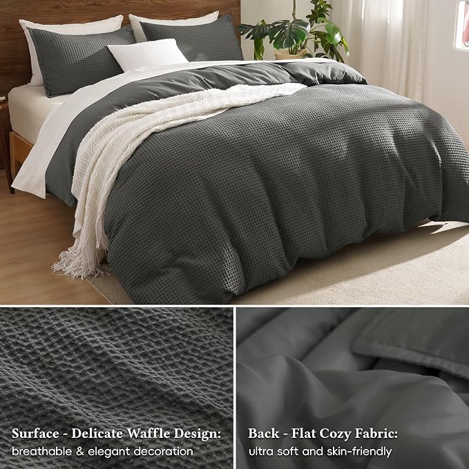 David's Home Soft Textured Waffle Weave Duvet Cover Set, Queen Size, Grey | Breathable Cozy for All Season, 300GSM, 3PCS Home Bedding Decor, OEKO-TEX Certified, Hidden Zipper, 8 Corner Ties, 90" X 90"