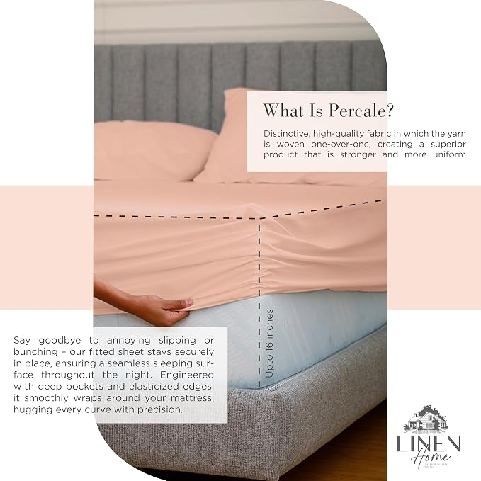Linen Home 100% Cotton Percale Sheets California King Size, Tropical Peach, Deep Pocket, 4 Pieces Set- 1 Flat, 1 Fitted and 2 Pillowcases, Crisp Cool and Long Staple Strong Bed Linen