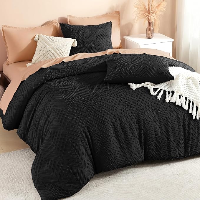 Litanika California King Comforter Set, 3 Pcs Black Tufted Boho Bedding Set | Farmhouse Shabby Chic Vintage Bohemian Textured Aesthetic Soft Fluffy Lightweight Breathable All Season Bed Set
