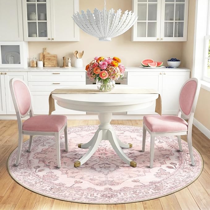 RELEANY Washable Area Rug, Round 6ft, Pink | Non-Slip, Water Repellent, Pet Friendly, Easy to Clean, Vintage Floral Boho Decor for Living Room Bedroom Dining Room