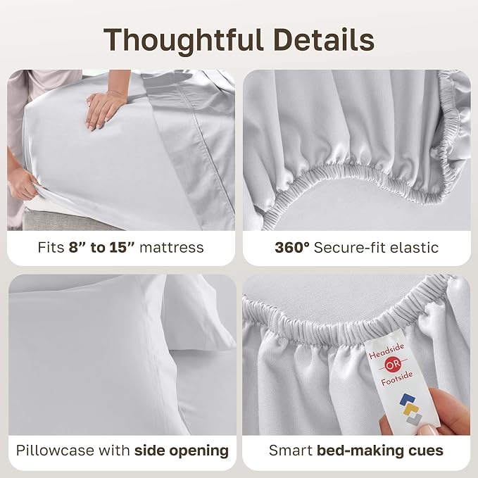 California Design Den 600 Thread Count Twin XL Sheets Cotton, 3 Pc Set | 100% Cotton Sateen Backed by Good Housekeeping Seal, Soft & Smooth, All-Around Elastic, Durable, Easy Care - Light Silver