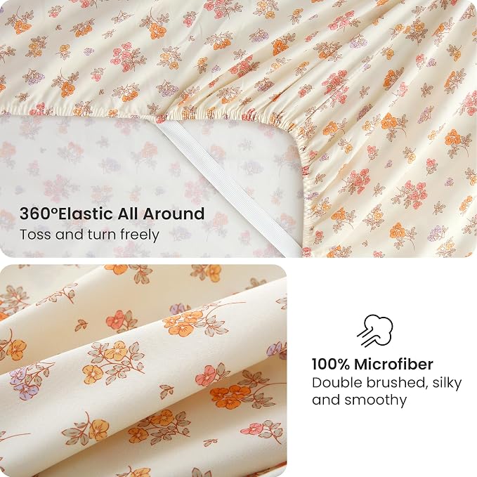 Viviland Floral King Sheet Set - 4 Piece Vintage Lavender Flower and Leaves Patterned Bed Sheets - Soft, Breathable Microfiber Sheets with Deep Pocket, Non-Slip Fitted Sheets & Pillowcases
