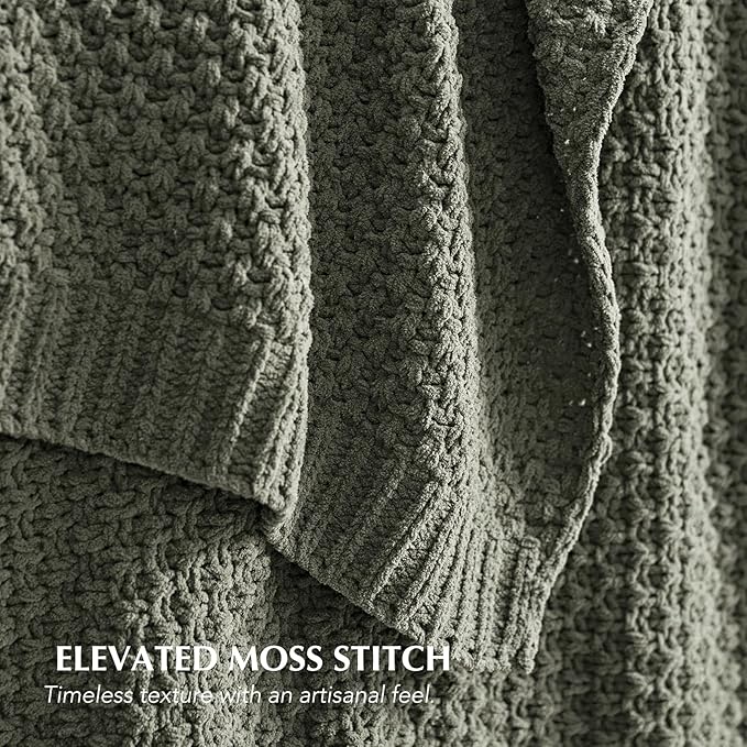 EVERGRACEHOME Chunky Chenille Knit Throw Blanket, 50x60, Dried Thyme Green | Sculpted Moss Stitch, Chic Modern Farmhouse, All-Season Warmth, OEKO-TEX® Certified, Elegant Blanket for Couch, Bed, Sofa