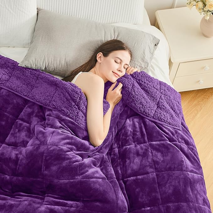 Cottonblue Fleece Weighted Blanket 15 lbs for Adults Twin Size 48x72in Soft | Cozy Flannel Sherpa Weighted Blankets Throw Comfortable for Calm Sleep Relax, Warm Fuzzy Purple Heavy Blanket for Bed Couch