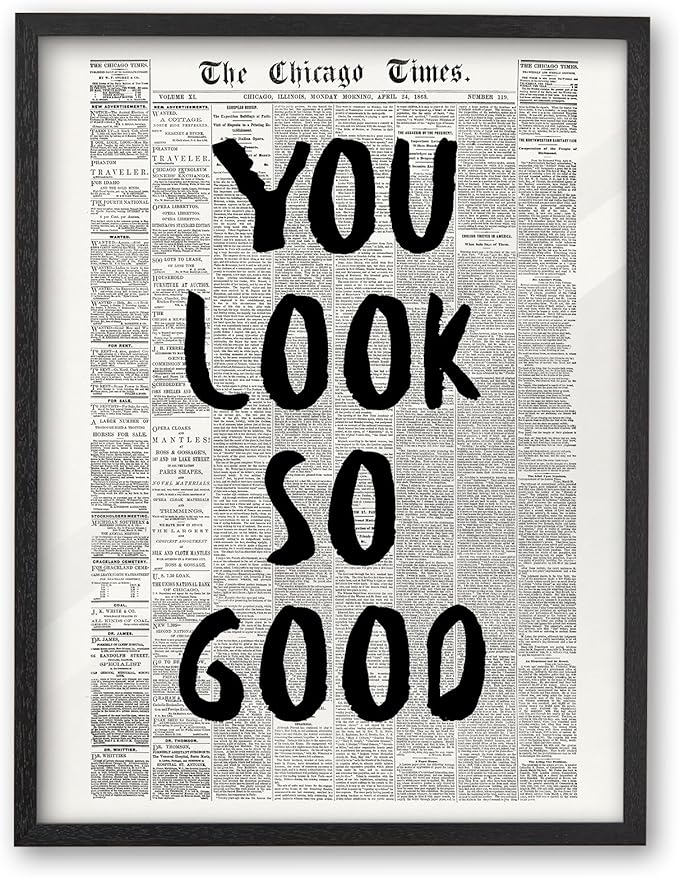 iHery 8x10in You Look So Good Framed Newspaper Wall Art | Premium Black OAK Wood Frame with Canvas Print, Vintage Newspaper Decor for Bedroom, Dorm, Vanity Room Living Room, 1Pack