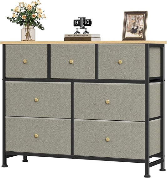 OLIXIS 7 Drawer Fabric Dresser, Storage Tower for Bedroom and Closet | Easy-Pull Bins for Closet Organizers, Chest of Drawers with Steel Frame & Wooden Top for Living Room, Entryway, Dark Green