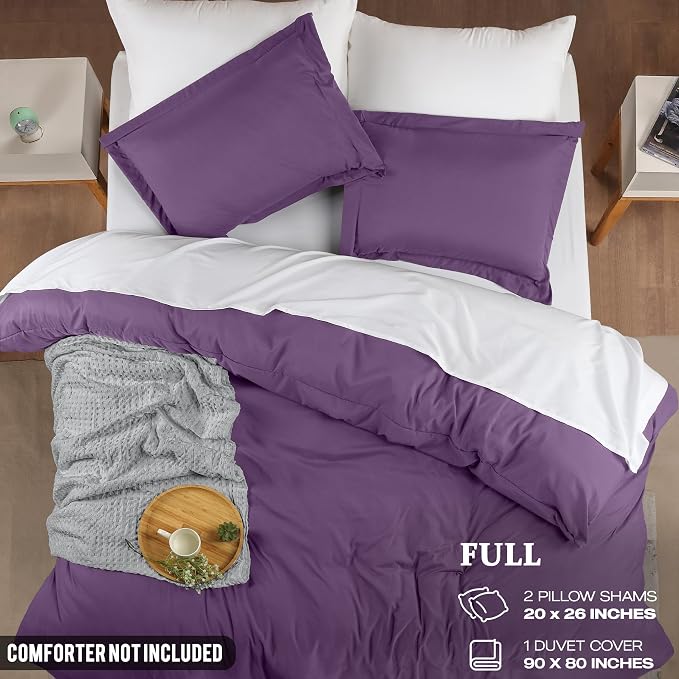 Duvet Cover Full, 3 PC Cotton Like Polyester With Zipper Closure, Eggplant | Extra Soft and Breathable, Wrinkle & Fade Resistant, Includes Duvet Cover and 2 Pillow Shams, Comforter Not Included, OekoTex