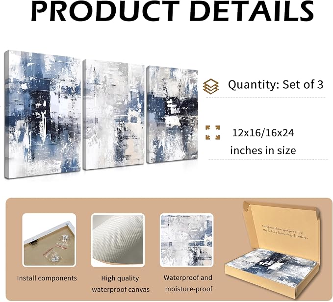 Abstract Blue and White Wall Art Set of 3, Modern Simple Navy Framed Canvas Prints Poster, Gray Painting Picture for Living Room, Bedroom, Office Wall Decor 16x24 Inch