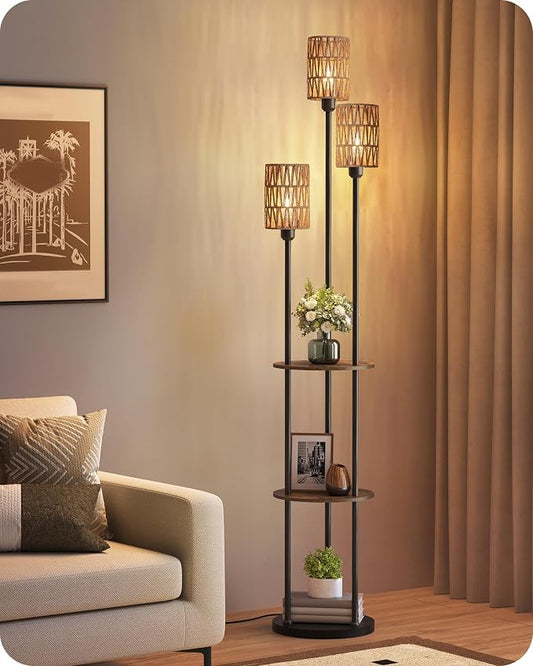 Floor Lamp with Shelves, Boho Floor Lamp with Foot Switch, 3-Light Standing Lamp, for Living Room, Bedroom, Study, Rustic Brown and Yellow YF53LD05 ﻿