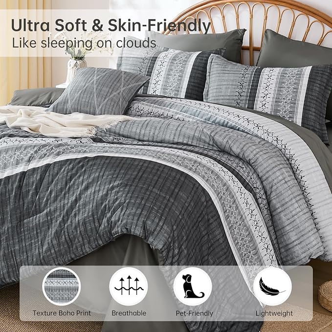 Dintszyayue Grey Queen Comforter Size Set, 8 Pieces Striped Texture Bed in a Bag Bedding Sets, Lightweight Soft Comforter and Sheet Set, All Season Microfiber Teen Boys Bedding Sets for Men Women