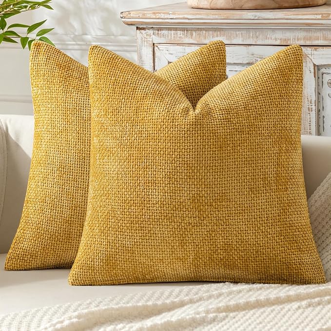 MIULEE Decorative Couch Throw Pillow Covers 20x20 in Mustard Yellow 2 Pack | Modern Boho Accent, Soft Chenille Pillow Covers, Farmhouse Cushion Cases for Home Decor Bed Sofa Living Room