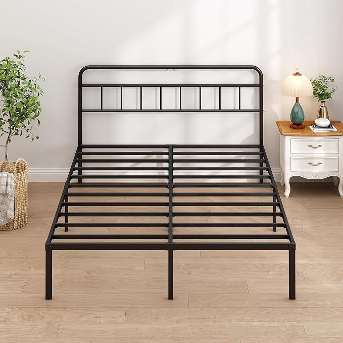 Full Bed Frame with Classin Headboard, Black | Strong Metal Slats Support,Under Bed Storage Space,No Box Spring Needed,Easy to Assemble