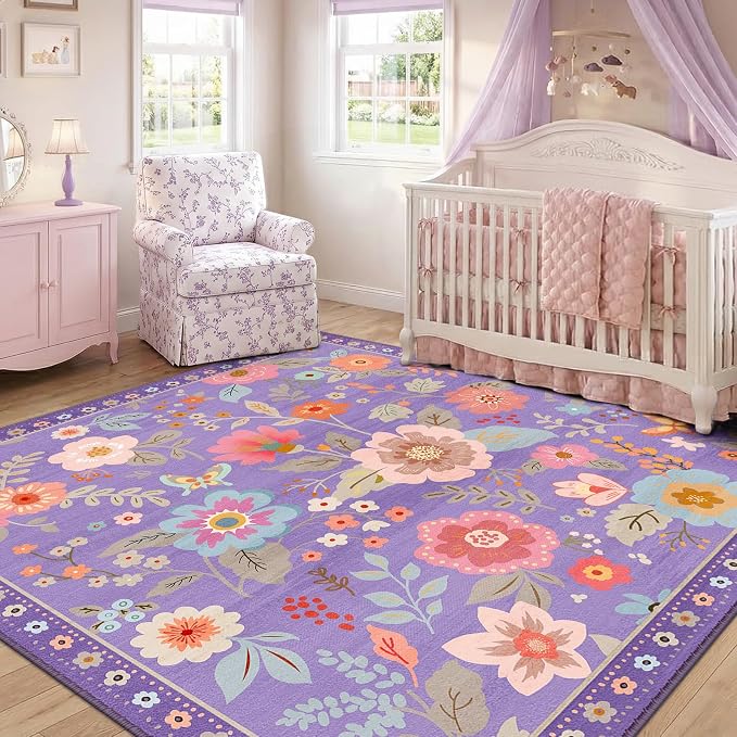 RELEANY Floral Washable Square 5ft Area Rug Purple/Pink | Flower Carpet, Print, Boho, Non-Slip, Easy to Clean, Soft, Low Pile for Living Room Bedroom Kitchen Office Entryway Hallway