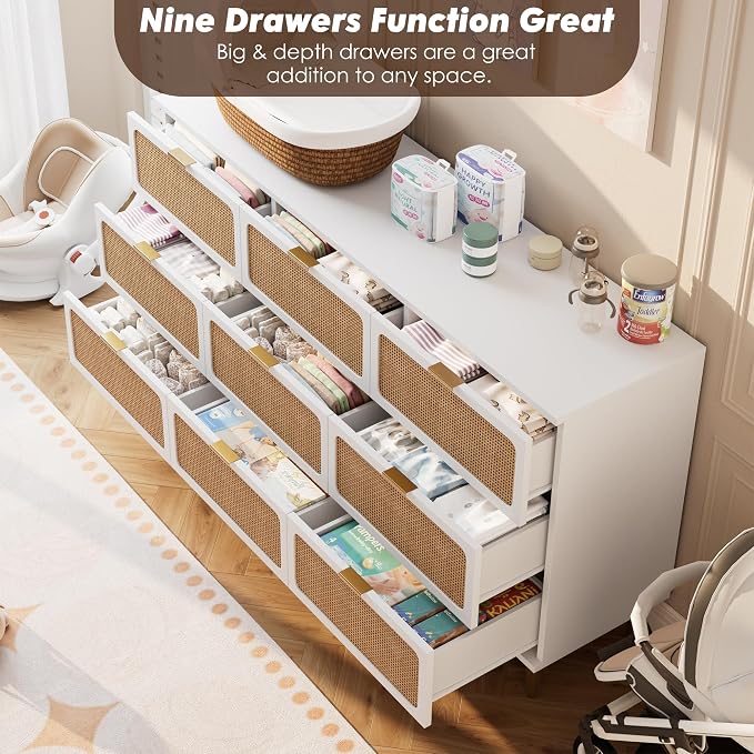 GarveeHome Rattan 9 Drawer Dressers for Bedroom, Deep Drawer, White | Tall Dresser, Wide Top, for Living Room, Hallway, Kids Room, Large Chest of Drawers for Closet, Long Wooden Dresser
