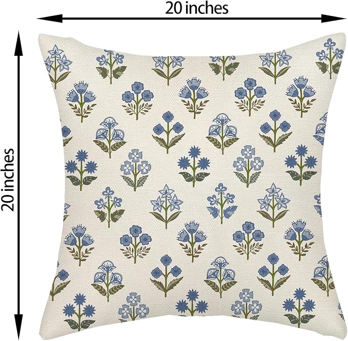 Blue Green Pillow Covers 20x20 Inch 2 Pcs Block Print Vintage Floral Decor Throw Pillows Boho Flower Spring Summer Outdoor Seasonal Decoration Pillowcase Linen Cushion Cover for Couch Sofa