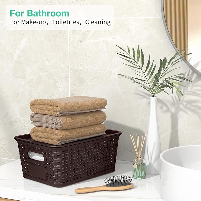 8 Pack Plastic Storage Baskets,Brown Stackable Bins with Lid | 5.3qt Storage Containers with Labels for Organizing Shelves Drawers Desktop Closet Playroom Classroom Office