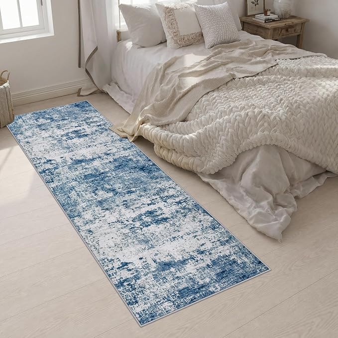 2.6x10 Washable Runner Rug:Modern Abstract Indoor Soft Carpet Blue | For Hallway, Bedroom, Kitchen, Laundry, Bathroom,Door Mat,Modern Abstract,Machine washable,Non-Slip,Stain Resistant,Indoor