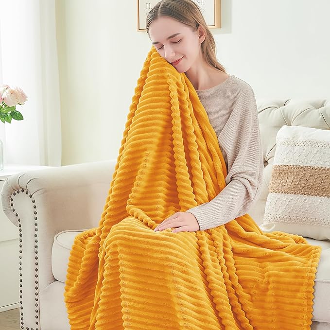BEDELITE Ribbed Jacquard Mustard Yellow Queen Blanket for Bed, 90x90 Inch | Soft Warm Decorative Fluffy Blanket, Cozy Fuzzy Lightweight Plush Fleece Throw Blankets for Bed, Room Decor, Gift for Women