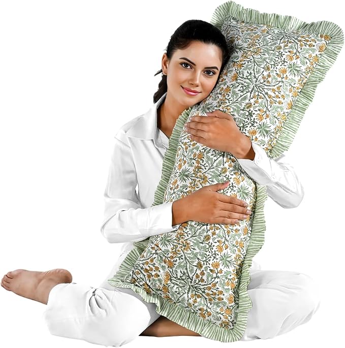 Ridhi Block Print Goldenrod Yellow Ruffle Lumbar Pillow Shams, 36" x 14" | 100% cotton, Floral Pillowcase, Cushion Cover, Hidden Zipper, Cottagecore Bedding, farmhouse boho style, fits couch, sofa,Bed