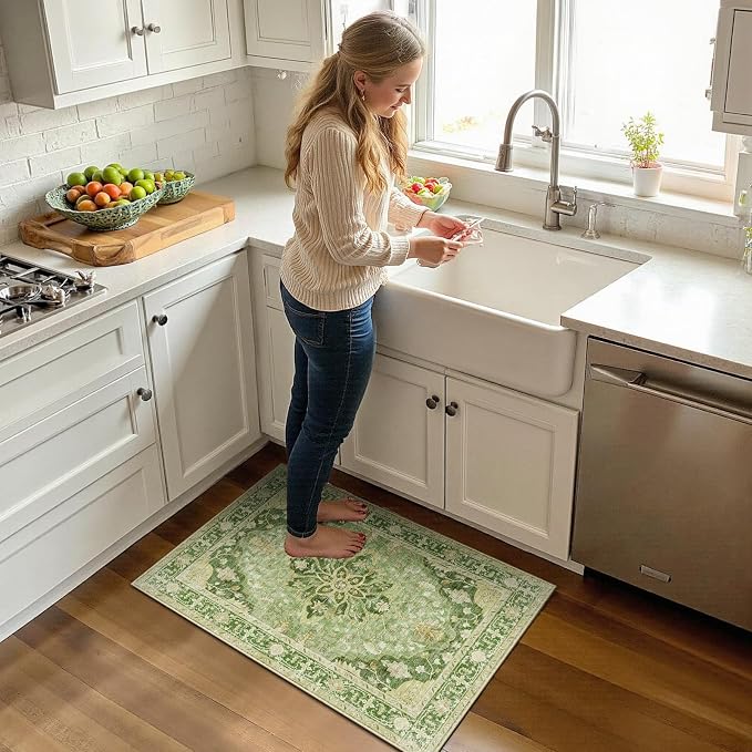 RELEANY Washable Area Rug, Small 2'x3', Green/Yellow | Non-Slip, Water Repellent, Pet Friendly, Easy to Clean, Vintage Floral Boho Decor for Kitchen Entryway Bathroom