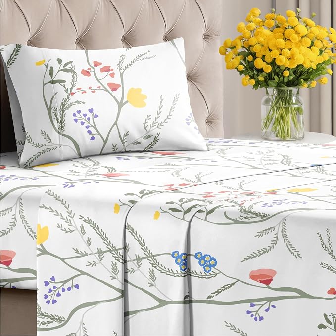 Twin 3 Piece Floral Sheet Set - Soft, Breathable & Cooling - Wild Flower | 1 Flat, 1 Fitted & 1 Pillowcase w/ Deep Pockets, Boho Botanical Floral Bedding, Breathable & Cooling, Wrinkle & Fade Free