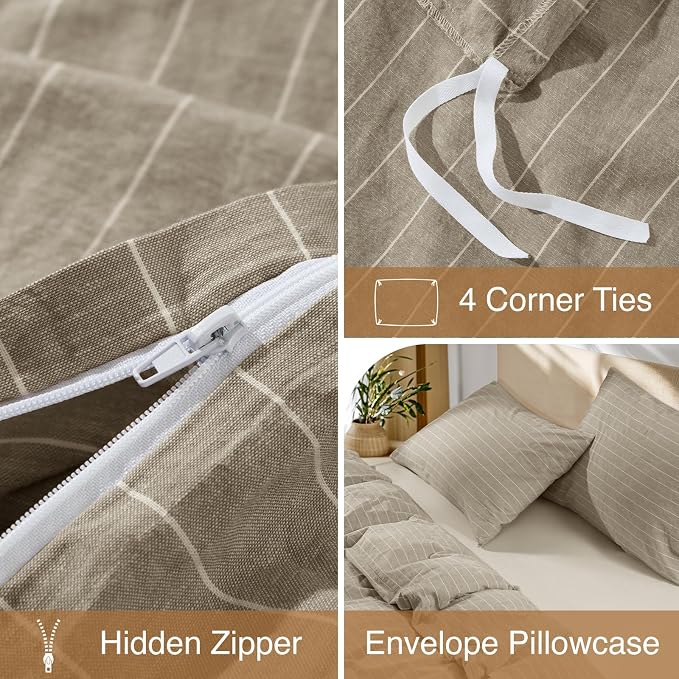 SONORO KATE 100% French Linen Queen Duvet Cover Set,Zipper Closure,3PC | Natural French Flax,Soft Breathable for Hot Sleepers,Moisture Wicking & Durable,4 Corner Ties,Linen & White Stripes
