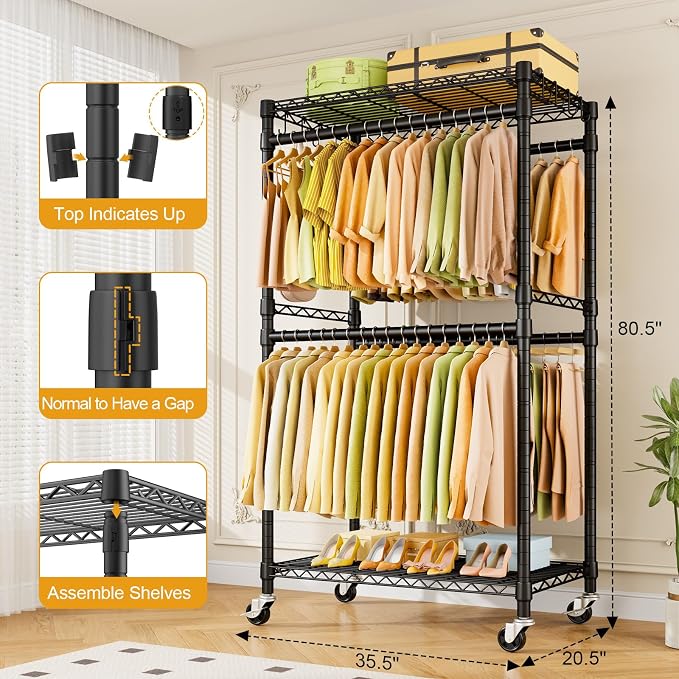 P4 Rolling Clothes Rack, Clothing Racks for Hanging Clothes, Black | Heavy Duty Garment Rack with Wheels, 2-Tier Free Standing Portable Closet Racks 35.5''W × 20.5''D × 80.5''H, Max Load 560Lbs