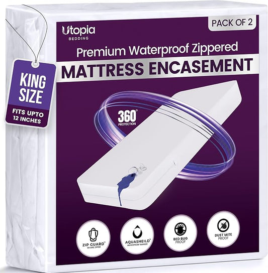 Premium Waterproof Zippered Mattress Protector King Pack of 2, 12" Depth | Utopia Bedding Bed Bug Mattress Cover, 6-Sided Mattress Encasement, Dust Mite Proof, Washable, Fits upto 12" Deep Mattresses