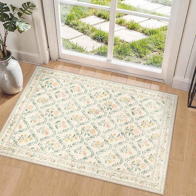 PLHXFR 2x3 Small Entryway Rug: Floral Washable Indoor Carpet Beige Multi | For Entrance, Bedroom, Kitchen, Laundry, Bathroom,Door Mat,Vintage Floral,Machine washable,Non-Slip,Stain Resistant,Indoor