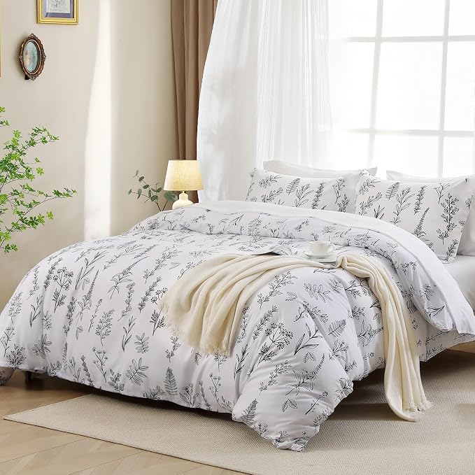 MUXHOMO Duvet Cover Twin/Twin XL Size Set, Reversible Floral White Duvet Cover with Zipper Closure, 2 Pieces Botanical Patterns Soft Microfiber Bedding Set with 4 Ties (68"x90", 1 Pillow Case)