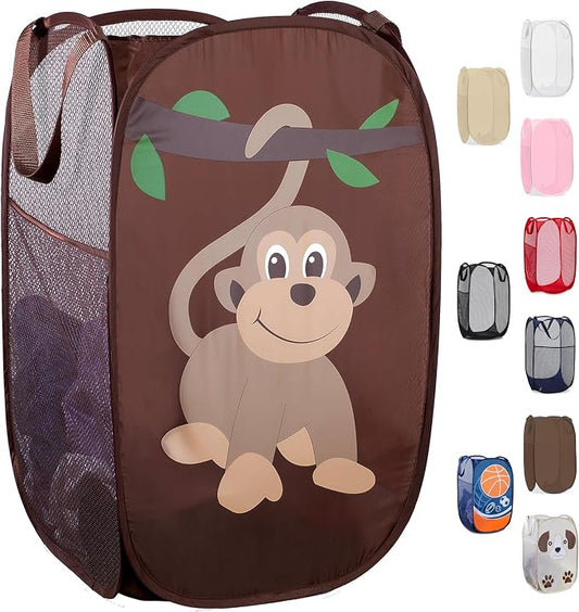 Handy Laundry Collapsible Mesh Pop Up Laundry Hamper with Side Pocket – Breathable, Space-Saving, Foldable Basket for Clothes, Toys, Travel & Storage, 14 x 13 x 24 in, Monkey