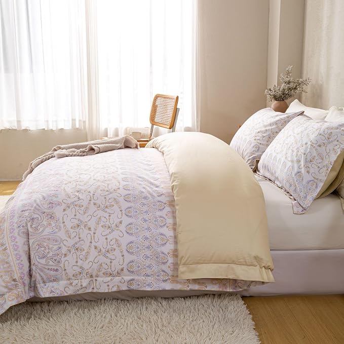 OAITE King Floral Pattern Duvet Cover Set Unique Design 3pcs 100% Cotton | Exquisite Stitched Hem, Breathable,Soft,Dual Zipper,8 Corner Ties,Easy Care for All Season